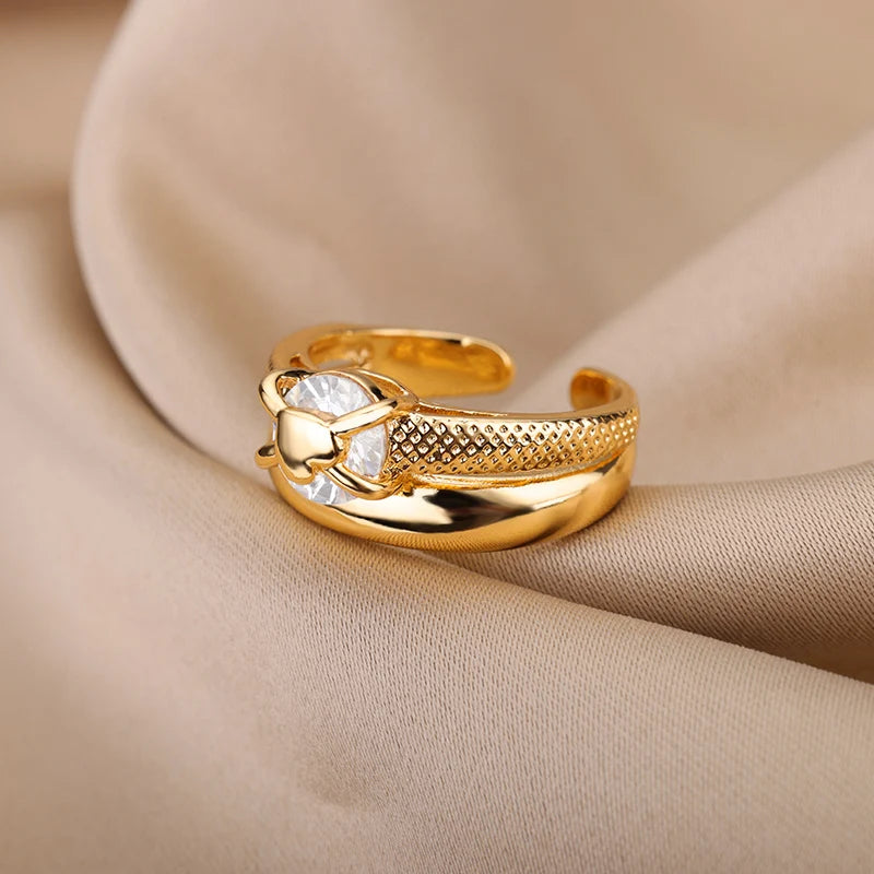 Heart Rings for Women Grils Gold Plated Adjustable Stainless Steel Ring 2026 Trend Luxury Wedding Couple Jewelry anillos mujer