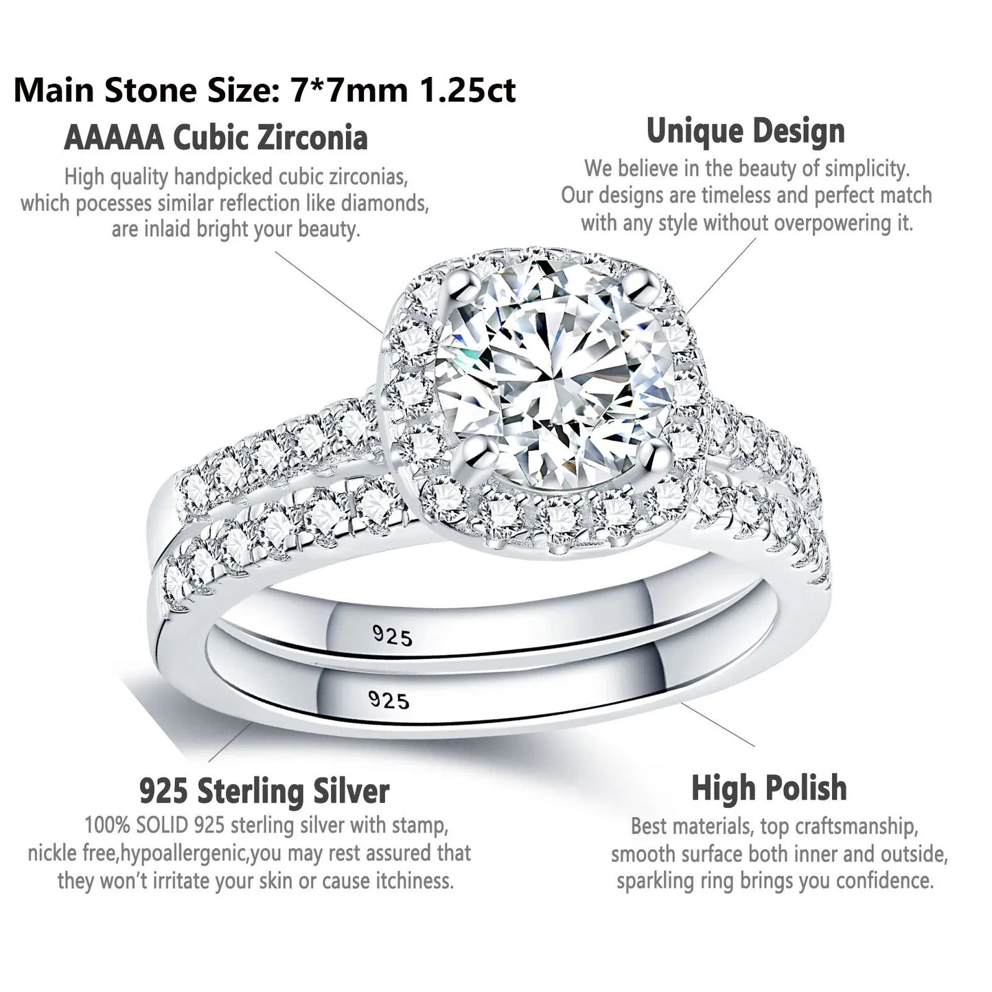 Newshe Prata 925 Silver Engagement Rings Set for Women Anillos Brilliant Halo Round Cut Cubic Zircon Luxury Wedding Jewelry