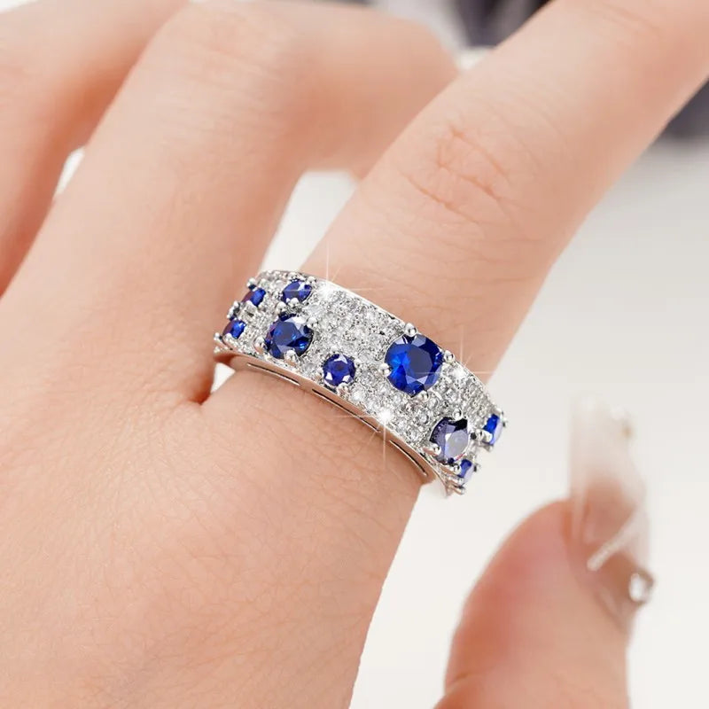 Huitan Newly Women Rings Blue/Crystal Cubic Zircon Silver Color Rings for Wedding Engagement Party Modern Fashion Female Jewelry