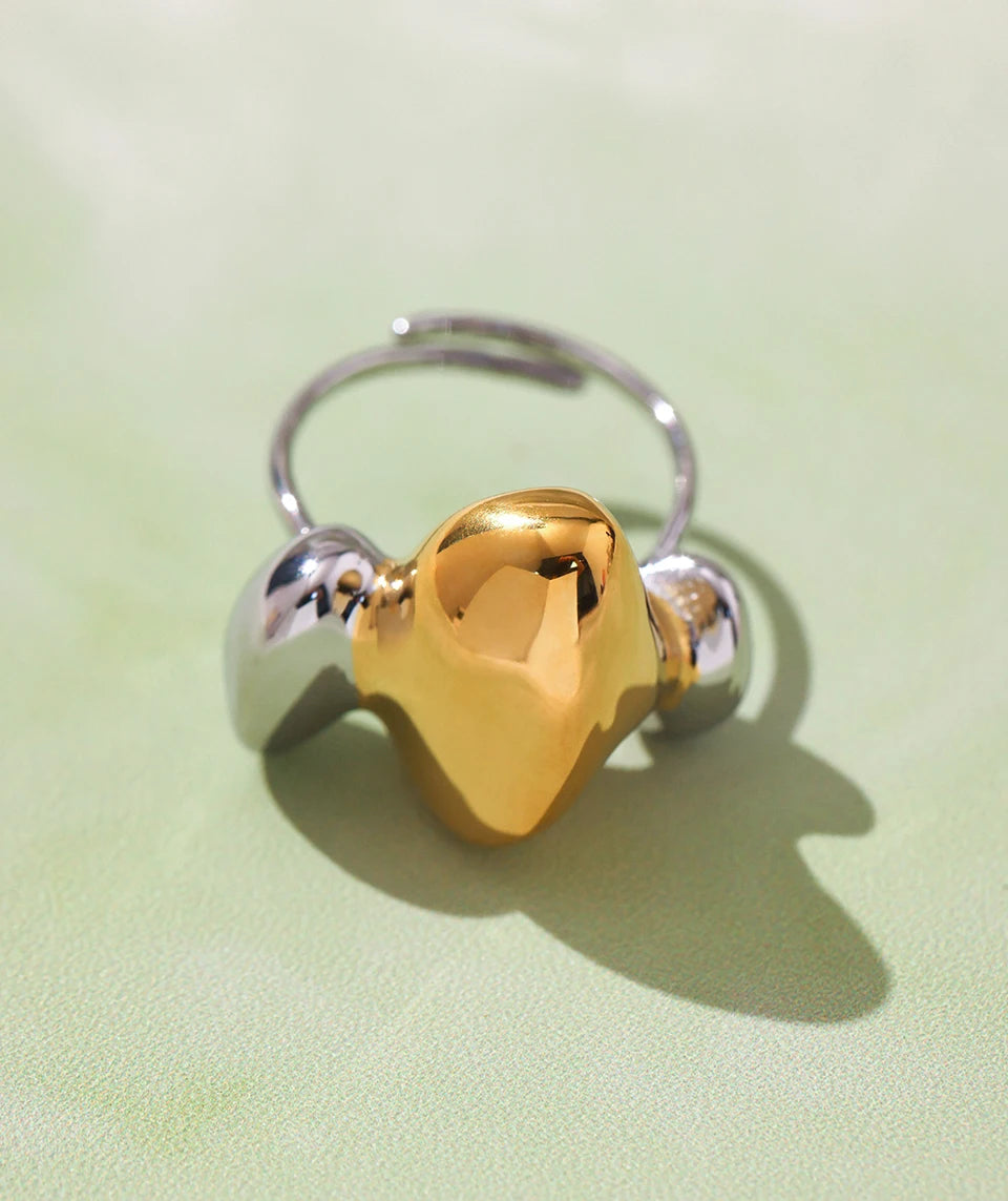Trendy Stainless Steel Rings For Women 18k Gold Plated Waterproof Fadeless Non Tarnish Adjustable Women's Two-tone Chunky Ring