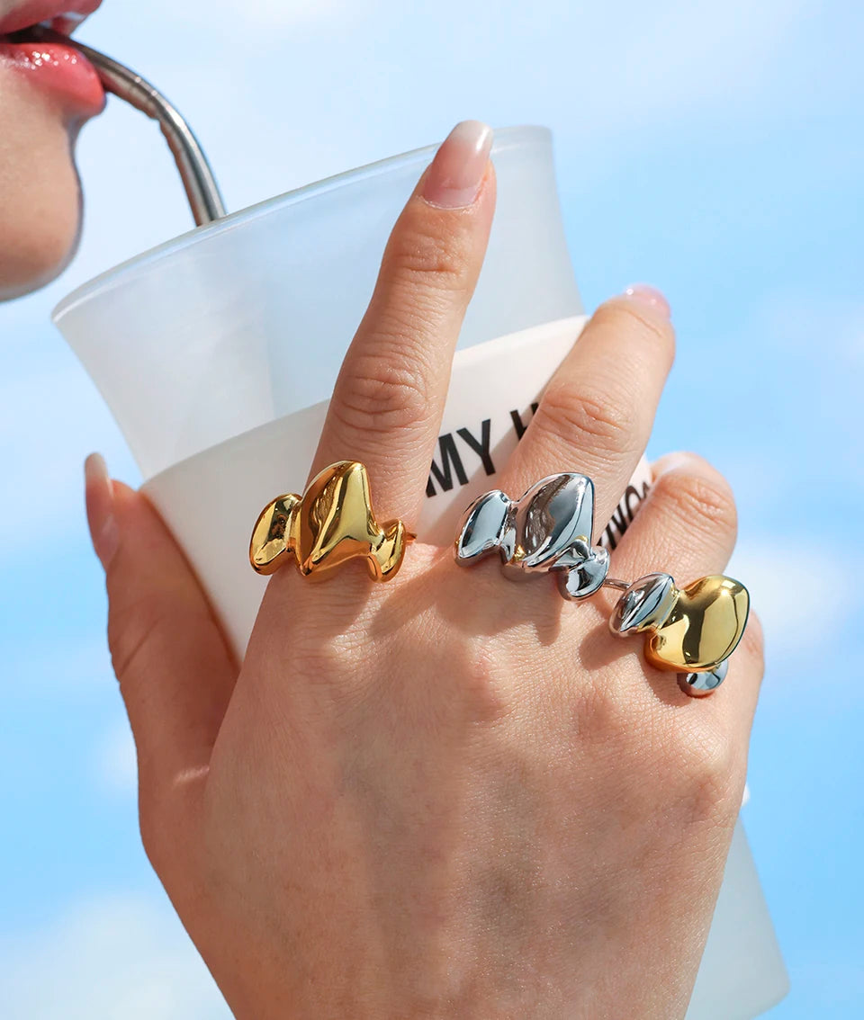 Trendy Stainless Steel Rings For Women 18k Gold Plated Waterproof Fadeless Non Tarnish Adjustable Women's Two-tone Chunky Ring
