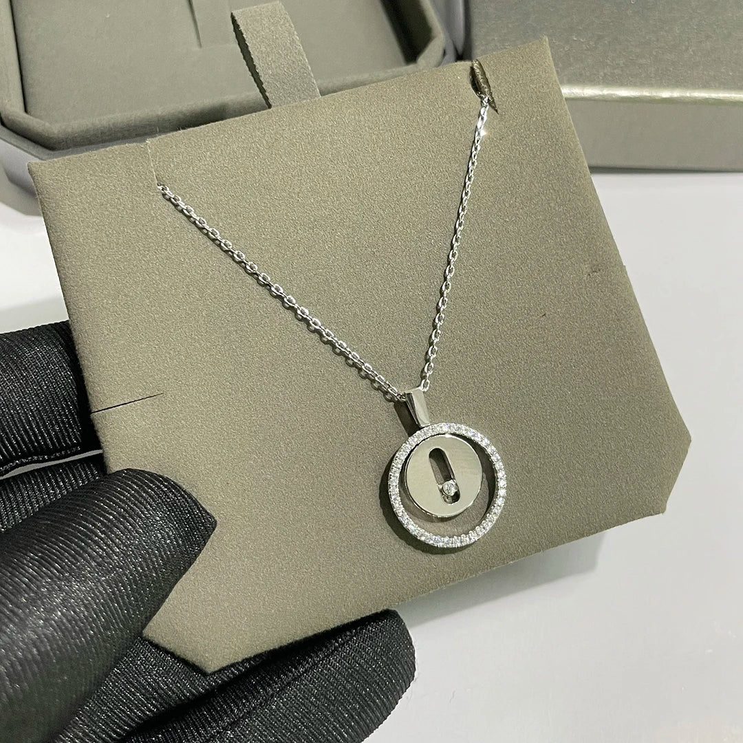 925 Sterling Silver Round Women's Necklace, Set With Sashionable Sliding Zircon Jewelry.