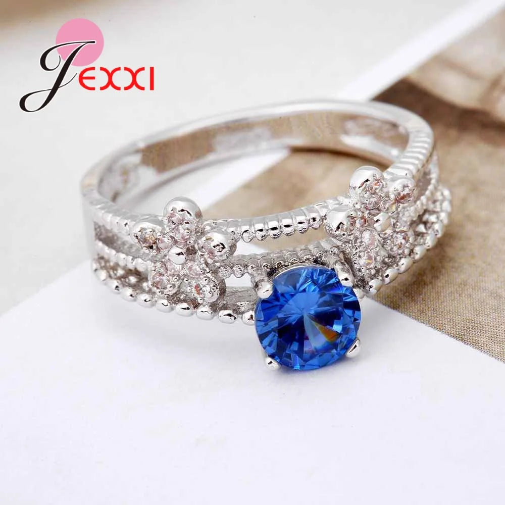 Elegant Bule Austrian Crystal 925 Sterling Silver Wreath Shape Ring High Quality  Women Party Enagaement Gift Wholesale