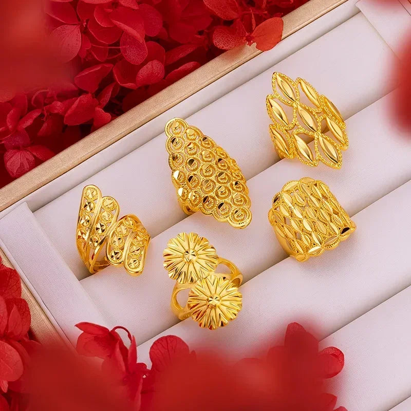 Women's Real 18k Gold Color Flower Large Rings Real Gold Color Rings for Women Wedding Party Ring Gift Women‘s Flower Jewelry