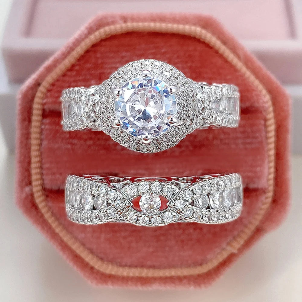 Huitan Trend Sets Rings Jewelry for Women Full Paved Brilliant CZ Stone Fashion Finger Accessories Engagement Bands Accessories