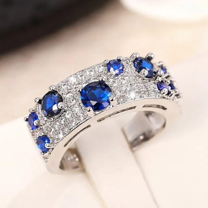 Huitan Newly Women Rings Blue/Crystal Cubic Zircon Silver Color Rings for Wedding Engagement Party Modern Fashion Female Jewelry