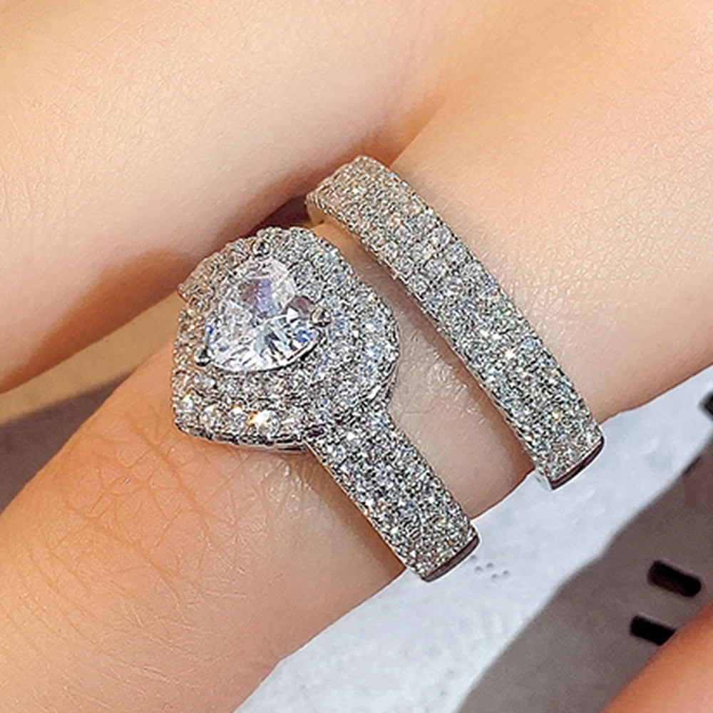 Huitan Trend Sets Rings Jewelry for Women Full Paved Brilliant CZ Stone Fashion Finger Accessories Engagement Bands Accessories