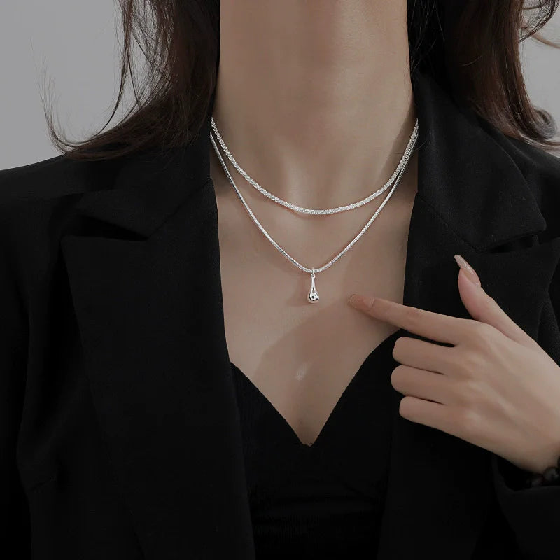 925 Sterling Silver Starry Sky Double Layered Water Drop Necklace for Women Collarbone Chain Pendant Jewelry Wedding Party Gift