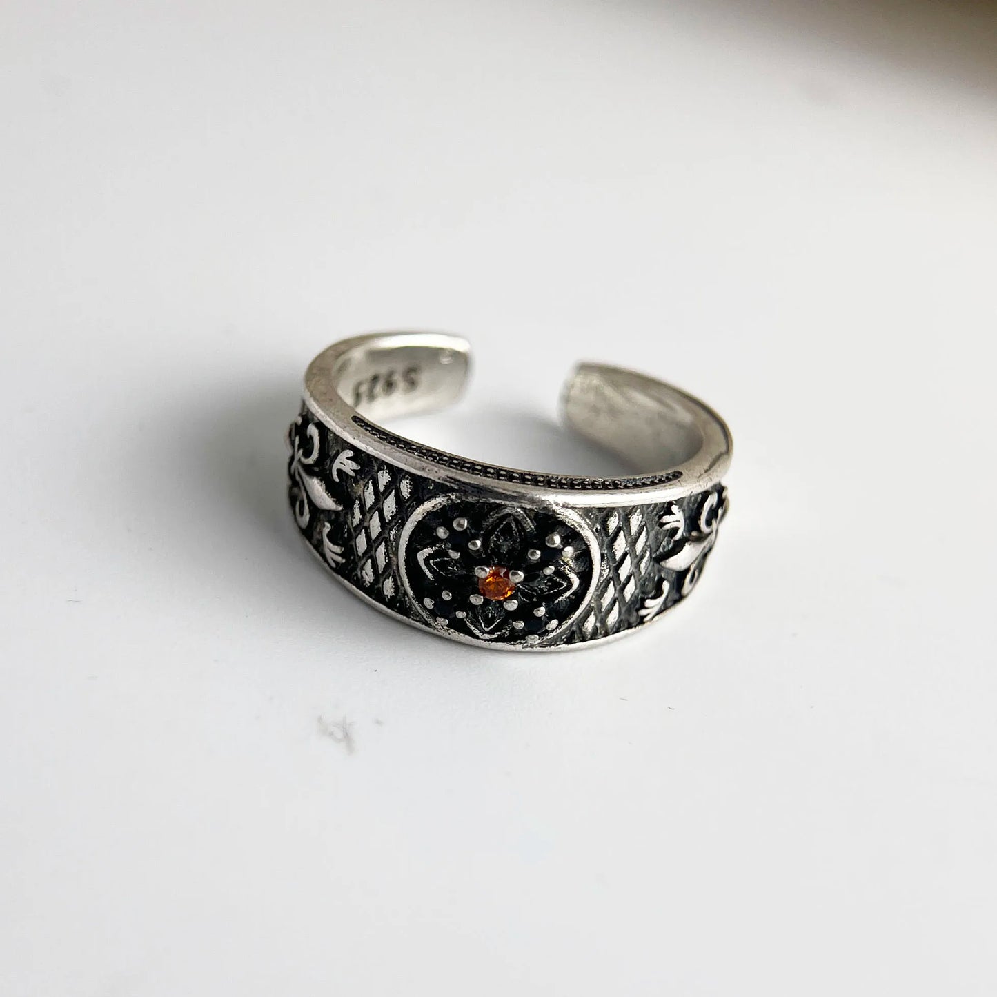 925 Sterling Silver Rings For Women Vintage Handmade Adjustable Red Zircon Ring Fashion Female Bijoux Gift