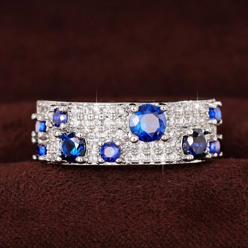 Huitan Newly Women Rings Blue/Crystal Cubic Zircon Silver Color Rings for Wedding Engagement Party Modern Fashion Female Jewelry