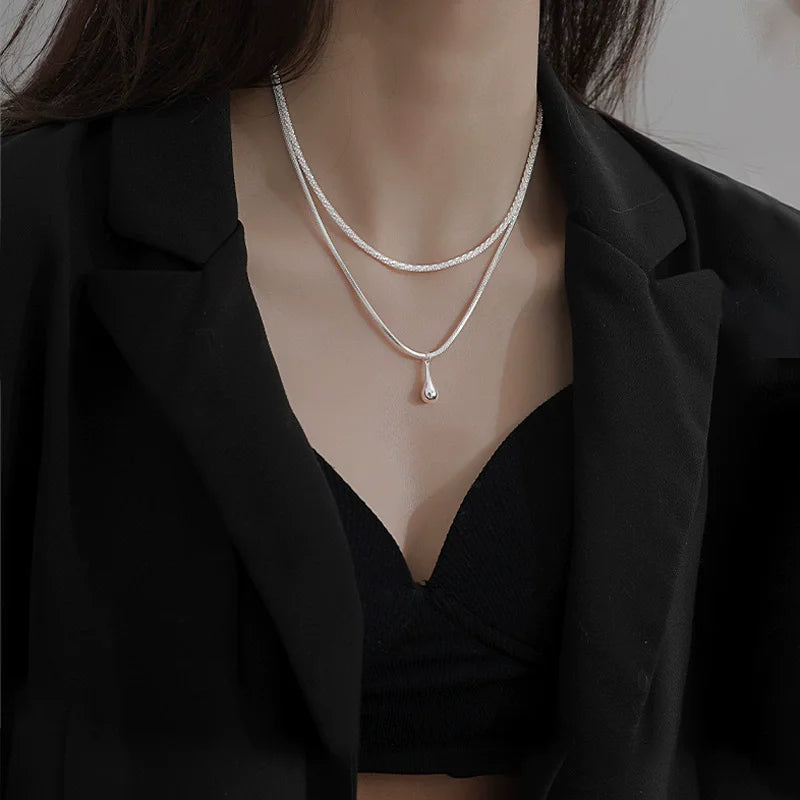 925 Sterling Silver Starry Sky Double Layered Water Drop Necklace for Women Collarbone Chain Pendant Jewelry Wedding Party Gift