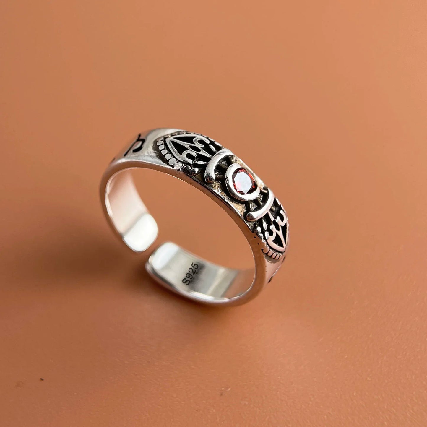 925 Sterling Silver Rings For Women Vintage Handmade Adjustable Red Zircon Ring Fashion Female Bijoux Gift