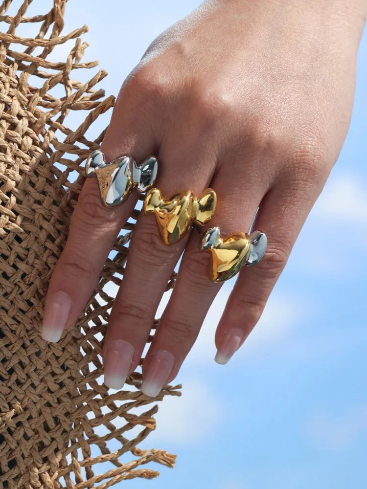 Trendy Stainless Steel Rings For Women 18k Gold Plated Waterproof Fadeless Non Tarnish Adjustable Women's Two-tone Chunky Ring