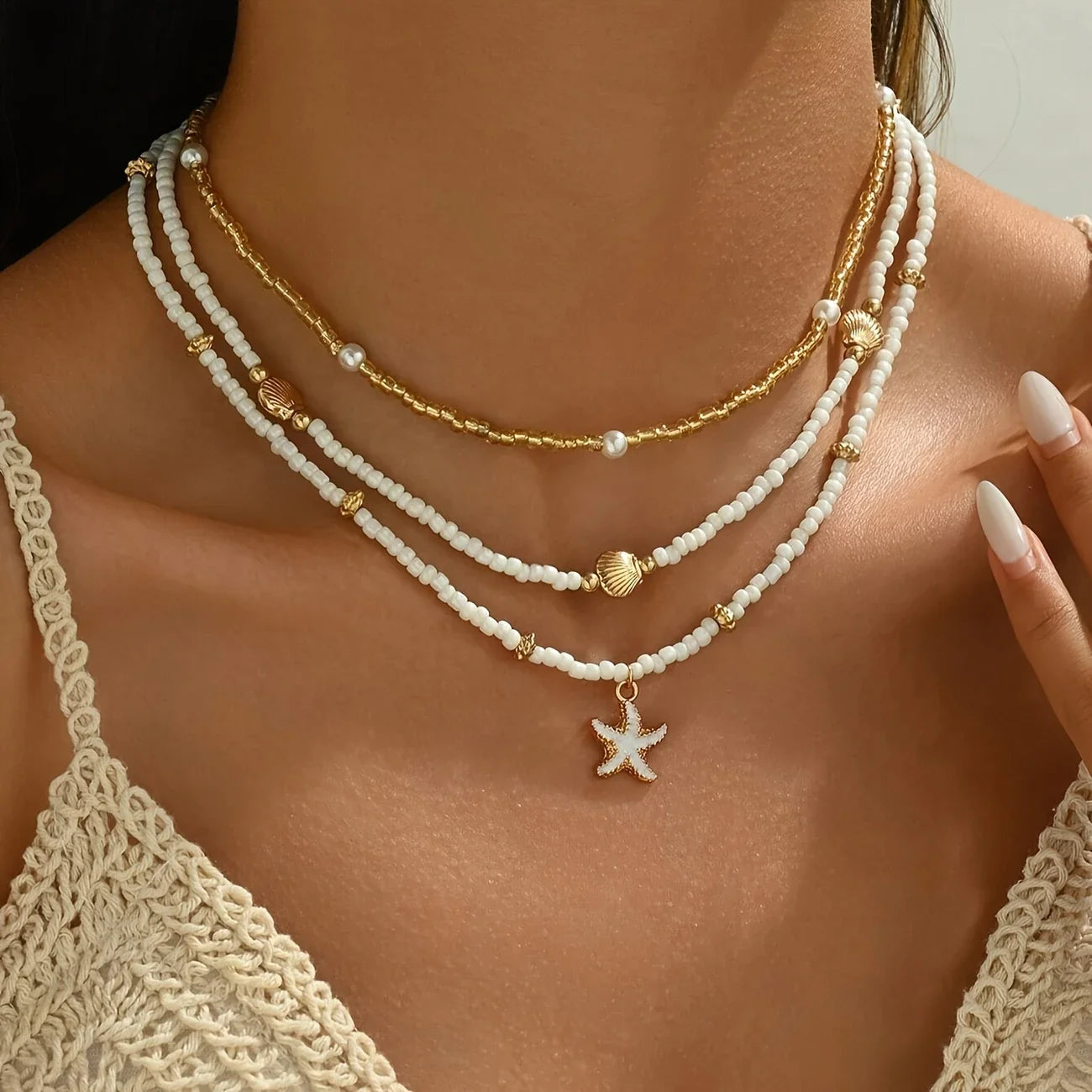 Vintage Women's Multi-layer Stacked Handmade Seed Bead Choker Trendy Starfish Shell Pendant Necklace Summer Beach Party Jewelry