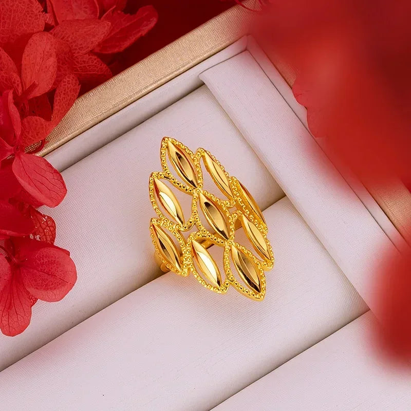 Women's Real 18k Gold Color Flower Large Rings Real Gold Color Rings for Women Wedding Party Ring Gift Women‘s Flower Jewelry
