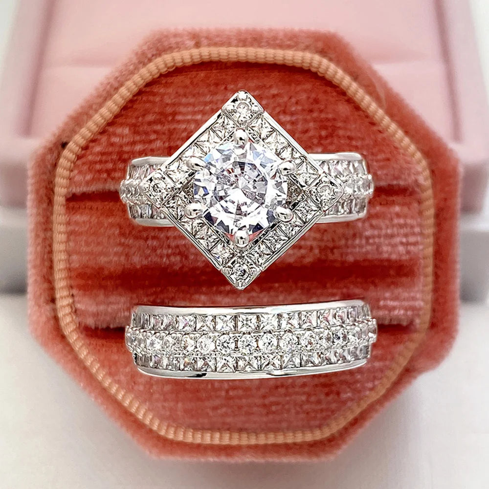 Huitan Trend Sets Rings Jewelry for Women Full Paved Brilliant CZ Stone Fashion Finger Accessories Engagement Bands Accessories